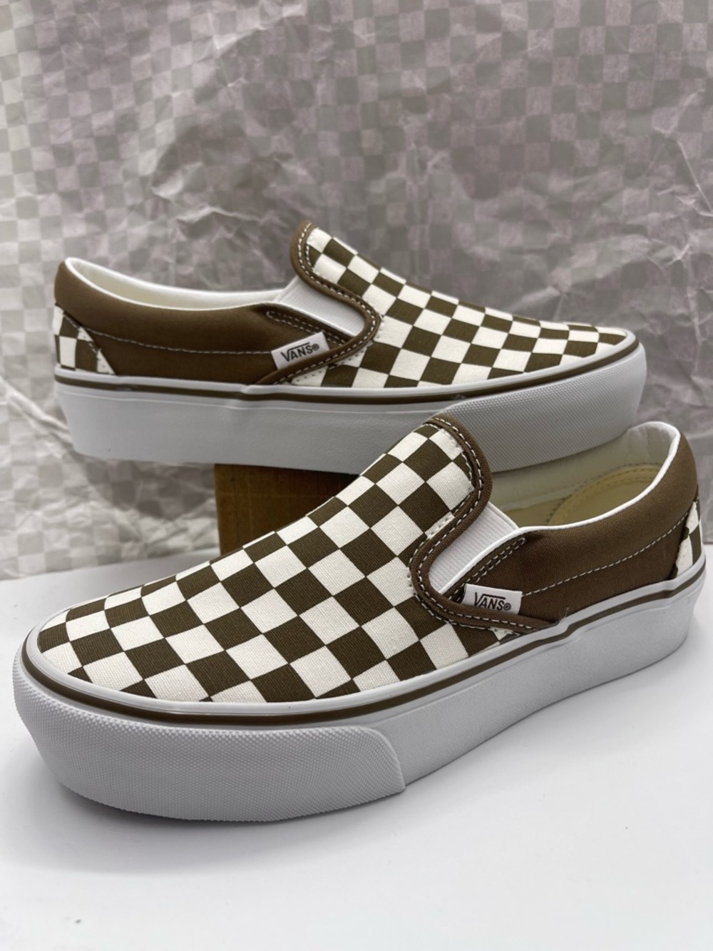 Vans Slip-On Platform Sneakers Checkerboard Sepia Brown VN00018E0E0 New